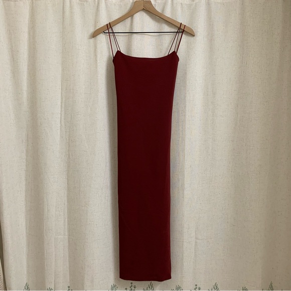 Zara Dresses & Skirts - ZARA Bodycon Sculpt Fabric Burgundy Strappy Dress Long Small